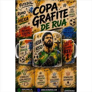 Caneca Copa Grafite de Rua personalizada com arte urbana colorida inspirada em futebol e street art.