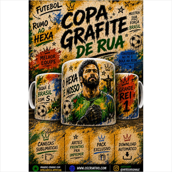 Caneca Copa Grafite de Rua personalizada com arte urbana colorida inspirada em futebol e street art.