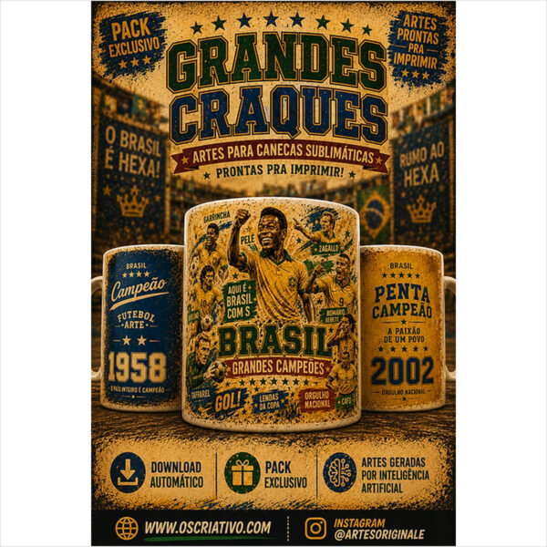 Caneca Personalizada Grandes Craques da Copa com arte digital colorida para imprimir e personalizar.