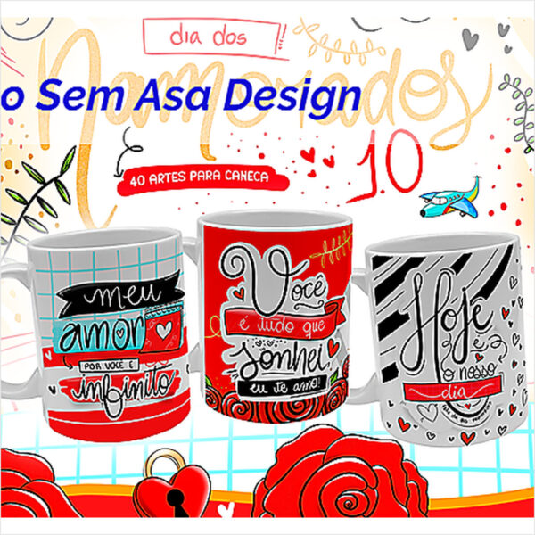 Arte para caneca personalizada Dia dos Namorados com tema romântico para imprimir