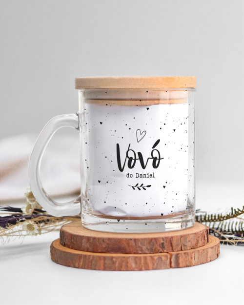 Caneca de vidro transparente personalizada ser avô e avó com design delicado e moderno.