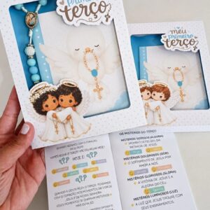 Arquivo digital Meu Primeiro Terço azul com caixinha personalizada e livrinho religioso para imprimir.