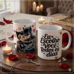 Arte digital para caneca Dia dos Namorados Batman e Mulher-Gato personalizada pronta para imprimir.