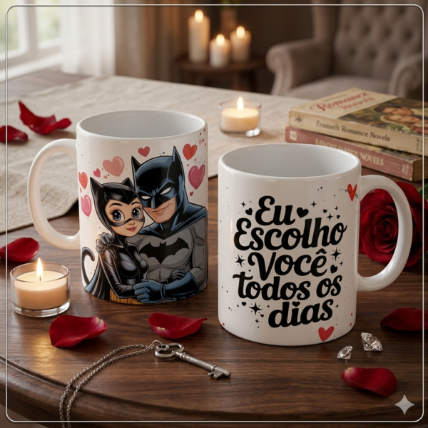 Arte Digital Caneca Batman e Mulher-Gato Dia dos Namorados Arte digital para caneca Dia dos Namorados Batman e Mulher-Gato personalizada pronta para imprimir.
