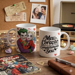 Arte digital para caneca Dia dos Namorados Arlequina e Coringa personalizada pronta para impressão em alta resolução.