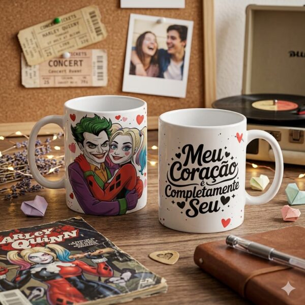 Arte digital para caneca Dia dos Namorados Arlequina e Coringa personalizada pronta para impressão em alta resolução.