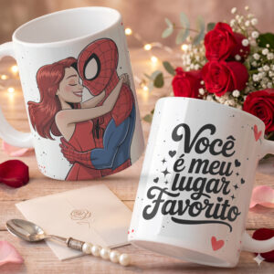 TEXTO ALTERNATIVO (ALT TEXT) Arte digital para caneca Dia dos Namorados inspirada em Homem-Aranha e Mary Jane personalizada para impressão.