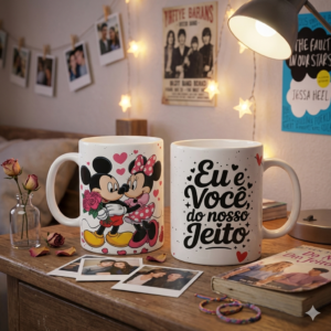 Arte digital para caneca Dia dos Namorados Mickey e Minnie personalizada para impressão.