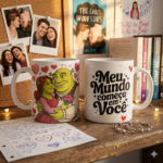 Arte digital para caneca Dia dos Namorados inspirada em casal ogro romântico.