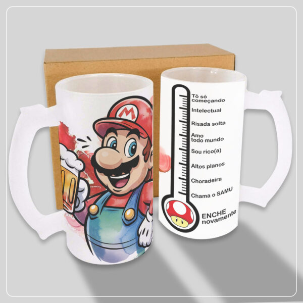 Arte Caneca de Chopp Super Mario Personalizada Arte personalizada para caneca de chopp Super Mario com design colorido para impressão.