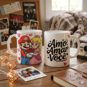 Arte digital para caneca Dia dos Namorados Super Mario e Princesa personalizada pronta para imprimir.