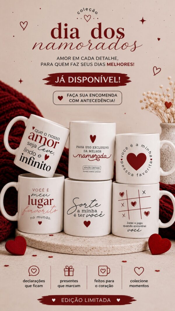 Arte para sublimação de caneca Dia dos Namorados personalizada com tema romântico para presente especial.