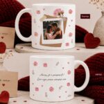 Arte para caneca Dia dos Namorados personalizada com foto do casal e frase Amor Fé e Propósito pronta para imprimir.