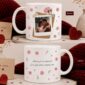 Arte para caneca Dia dos Namorados personalizada com foto do casal e frase Amor Fé e Propósito pronta para imprimir.