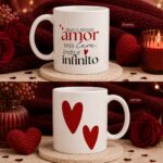 Arte para caneca Dia dos Namorados com frase romântica Que o Nosso Amor Seja Leve Lindo e Infinito para personalização e sublimação.