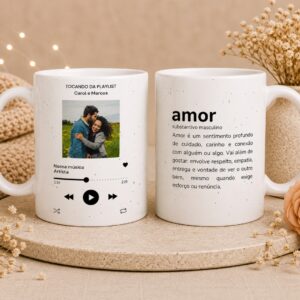 Arte caneca dia dos namorados nossa música personalizada com foto do casal e código de música para presente romântico.