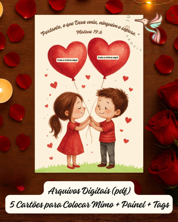 Kit Digital Dia dos Namorados com 10 marcadores, 5 cartões, painel para mural e tags decorativas para imprimir.