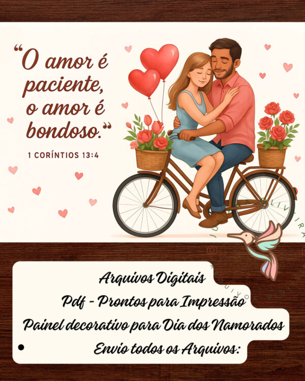 Kit Digital Dia dos Namorados O Amor é Bondoso para imprimir com painel romântico personalizado em alta resolução.