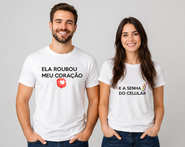 Arte para camiseta Dia dos Namorados com frase Ela Roubou Meu Coração, pronta para imprimir e personalizar.