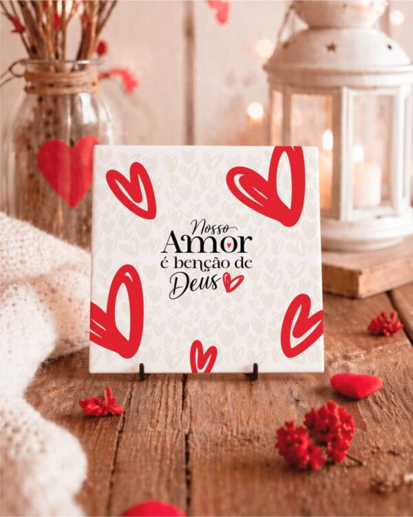 Quadro Azulejo Dia dos Namorados Personalizado Arte digital quadro azulejo Dia dos Namorados com frase Nosso amor é benção de Deus