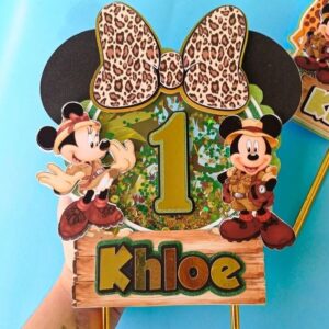 Arte topo de bolo safari do Mickey e Minnie personalizada para imprimir