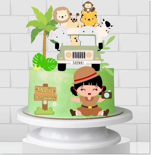 Arquivo de Corte Topo de Bolo Safari Menina Personalizado Arquivo de corte topo de bolo safari menina personalizado para impressão e corte em Silhouette.