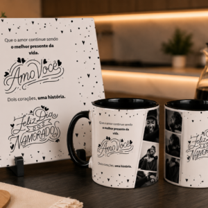 Kit Namorados personalizado com 2 canecas e azulejo decorativo para presentear quem você ama.