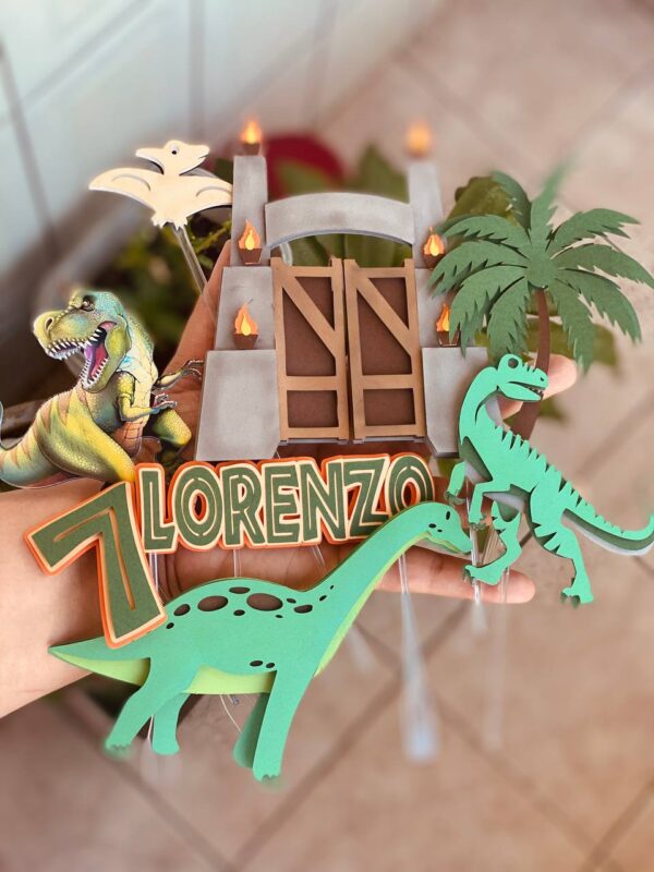 Arquivo de corte topo de bolo Dinossauro T-Rex personalizado para imprimir e montar decoração de aniversário infantil.