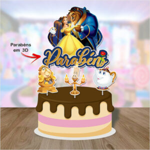 Arquivo de corte topo de bolo A Bela e a Fera personalizado para imprimir, compatível com Silhouette e ideal para decoração de festas.