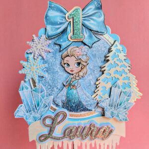 Topo de bolo Frozen para imprimir com personagem, flocos de neve, nome e idade