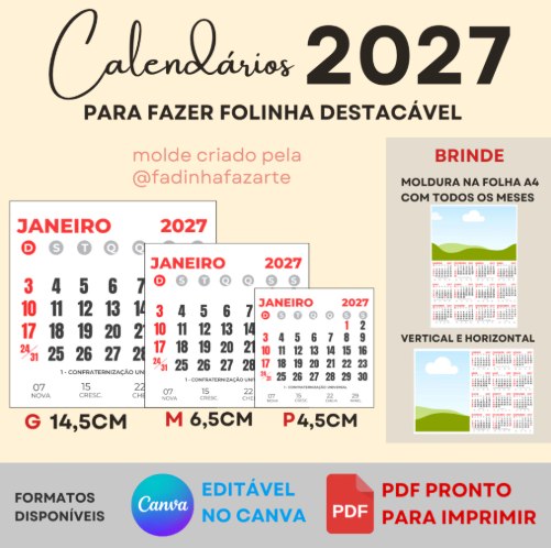 Calendário 2027 PDF para Imprimir – Canva Editável Calendário 2027 PDF para imprimir e editável no Canva