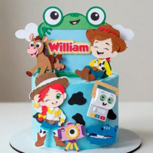 Topo de bolo Toy Story infantil com Woody, Jessie, Bala no Alvo, alienígena verde e decoração temática com nome William.