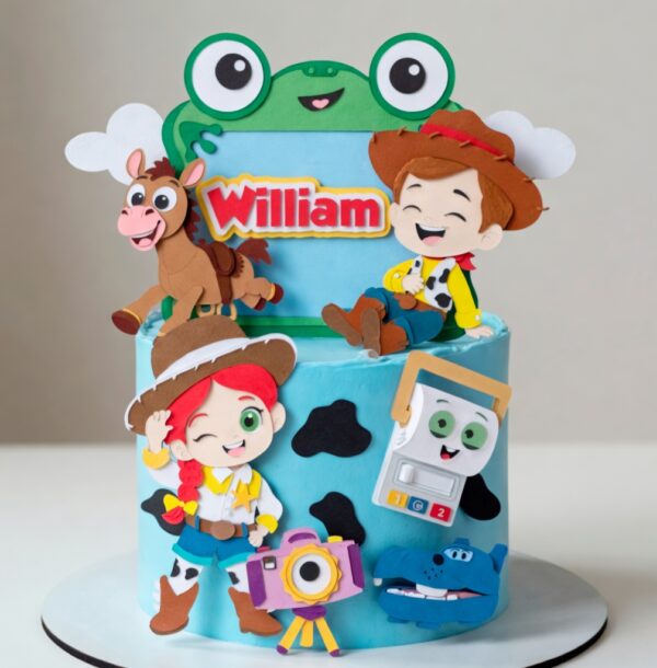 Topo de bolo Toy Story infantil com Woody, Jessie, Bala no Alvo, alienígena verde e decoração temática com nome William.