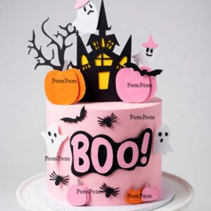 Topo de bolo Halloween rosa para meninas com castelo assombrado, fantasmas, abóboras, morcegos e palavra BOO.