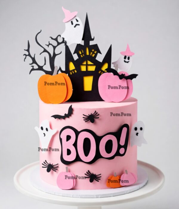 topo-de-bolo-halloween-rosa-boo-meninas.jpg Topo de bolo Halloween rosa para meninas com castelo assombrado, fantasmas, abóboras, morcegos e palavra BOO.