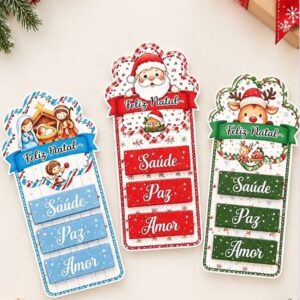 Molde Porta Bis Natal para Imprimir com três modelos de lembrancinhas natalinas: Papai Noel vermelho, Rena verde e Presépio azul.