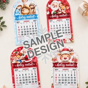 Mini Calendário Natalino 2027 com quatro modelos de Presépio, Papai Noel e Rena para produzir lembrancinhas de Natal.