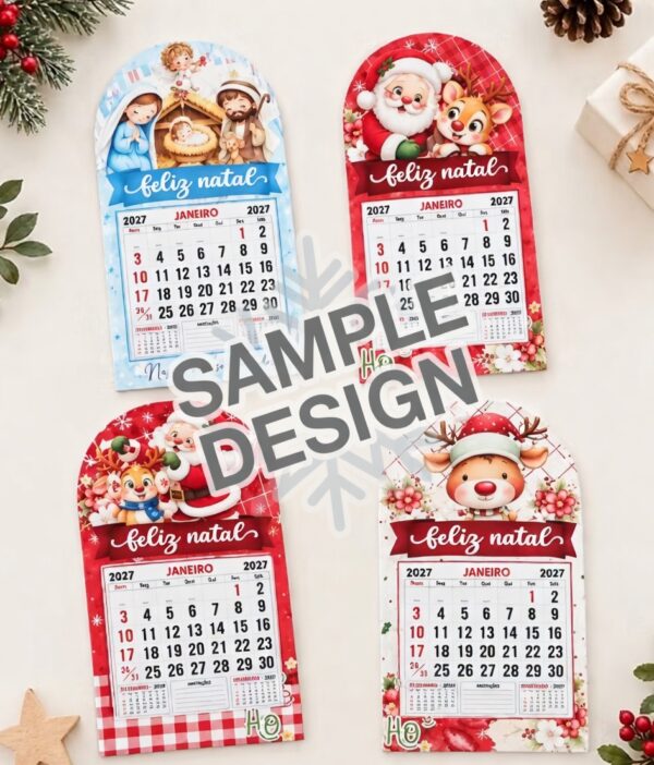 Mini Calendário Natalino 2027 com quatro modelos de Presépio, Papai Noel e Rena para produzir lembrancinhas de Natal.