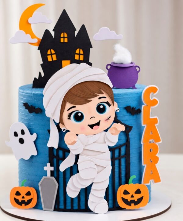 topo-de-bolo-halloween-menina-mumia.webp Topo de Bolo Halloween Menina com múmia fofa, castelo assombrado, fantasmas, morcegos e abóboras para aniversário infantil.