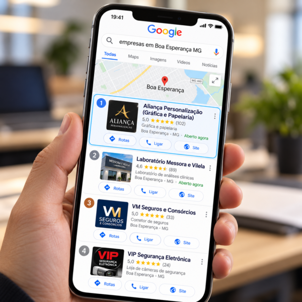 Google Meu Negócio em Boa Esperança MG – SEO Local Ilustração de resultados de empresas de Boa Esperança MG no Google Maps, representando o serviço de SEO local e otimização do Google Meu Negócio.