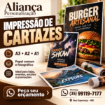 Imagem promocional da Aliança Personalização para o serviço de impressão de cartazes em Boa Esperança MG, com exemplos de cartazes A3, A2 e A1.